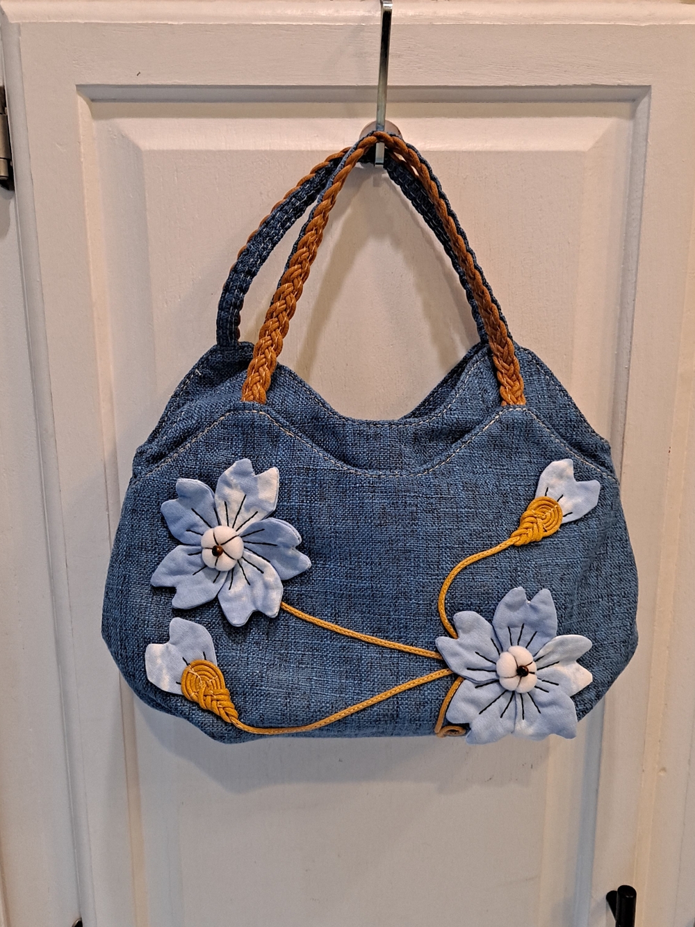 Artisan Blue Cotton Linen Floral Appliques Vintage-inspired Shoulder Bag
